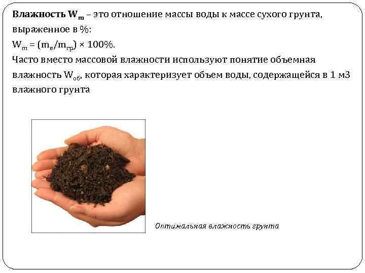 Влажность Wm – это отношение массы воды к массе сухого грунта, выраженное в %: