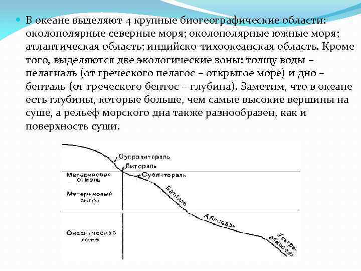  В океане выделяют 4 крупные биогеографические области: околополярные северные моря; околополярные южные моря;