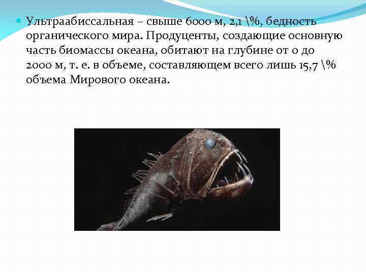  Ультраабиссальная – свыше 6000 м, 2, 1 %, бедность органического мира. Продуценты, создающие