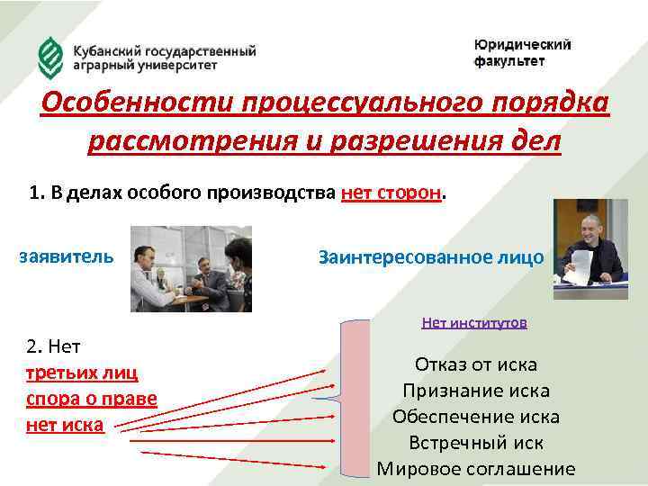 Особенности процессуального порядка рассмотрения и разрешения дел 1. В делах особого производства нет сторон.