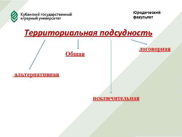 Территориальная подсудность Общая договорная альтернативная исключительная 