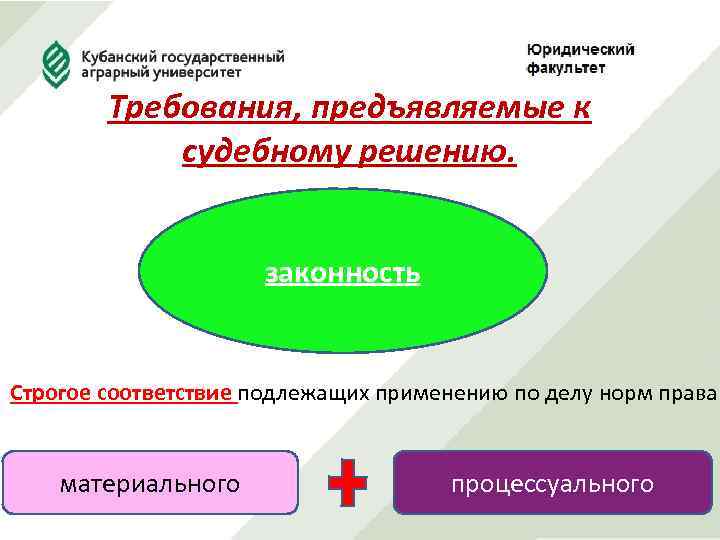 Требования, предъявляемые к судебному решению. законность Строгое соответствие подлежащих применению по делу норм права