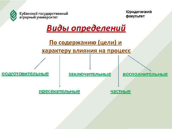 Виды определений По содержанию (цели) и характеру влияния на процесс подготовительные заключительные пресекательные восполнительные