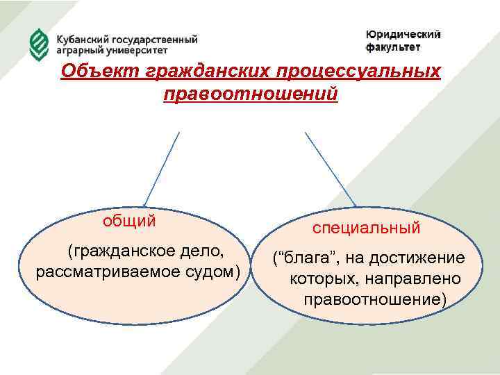 Объект гражданских процессуальных правоотношений общий (гражданское дело, рассматриваемое судом) специальный (“блага”, на достижение которых,