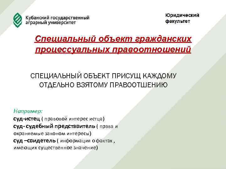 Специальный объект гражданских процессуальных правоотношений СПЕЦИАЛЬНЫЙ ОБЪЕКТ ПРИСУЩ КАЖДОМУ ОТДЕЛЬНО ВЗЯТОМУ ПРАВООТШЕНИЮ Например: суд-истец