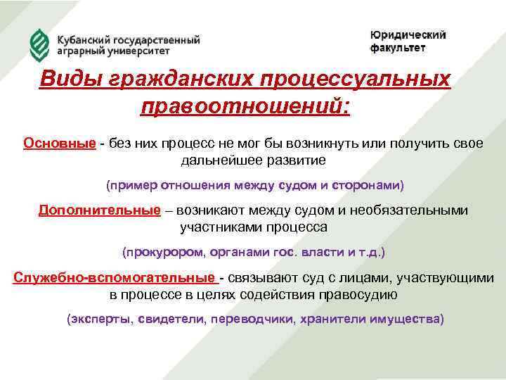 Виды гражданских процессуальных правоотношений: Основные - без них процесс не мог бы возникнуть или
