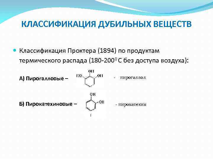 КЛАССИФИКАЦИЯ ДУБИЛЬНЫХ ВЕЩЕСТВ Классификация Проктера (1894) по продуктам термического распада (180 -2000 С без