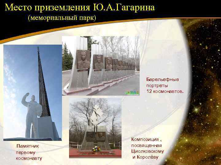 Место приземления Ю. А. Гагарина (мемориальный парк) Бар Барельефные портреты 12 космонавтов. Памятник первому