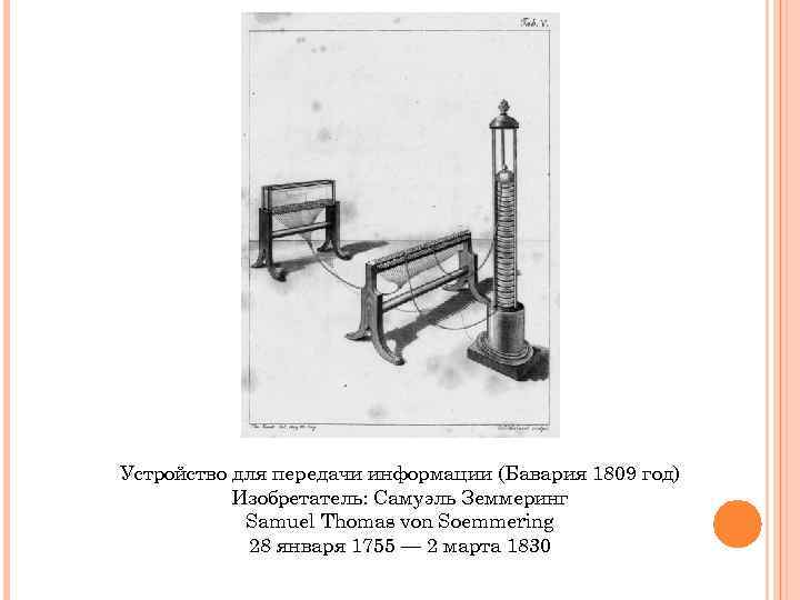 Устройство для передачи информации (Бавария 1809 год) Изобретатель: Самуэль Земмеринг Samuel Thomas von Soemmering