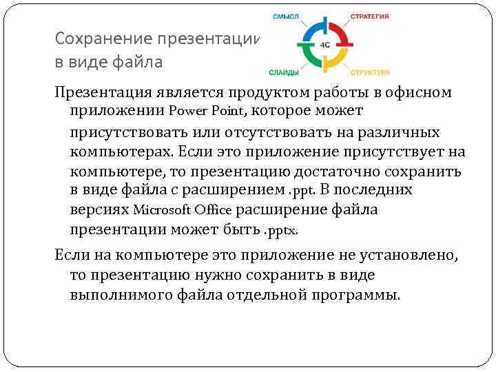 Сохранение презентации в виде файла Презентация является продуктом работы в офисном приложении Power Point,