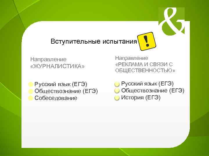 Вступительные испытания Направление «ЖУРНАЛИСТИКА» Русский язык (ЕГЭ) Обществознание (ЕГЭ) Собеседование Направление «РЕКЛАМА И СВЯЗИ