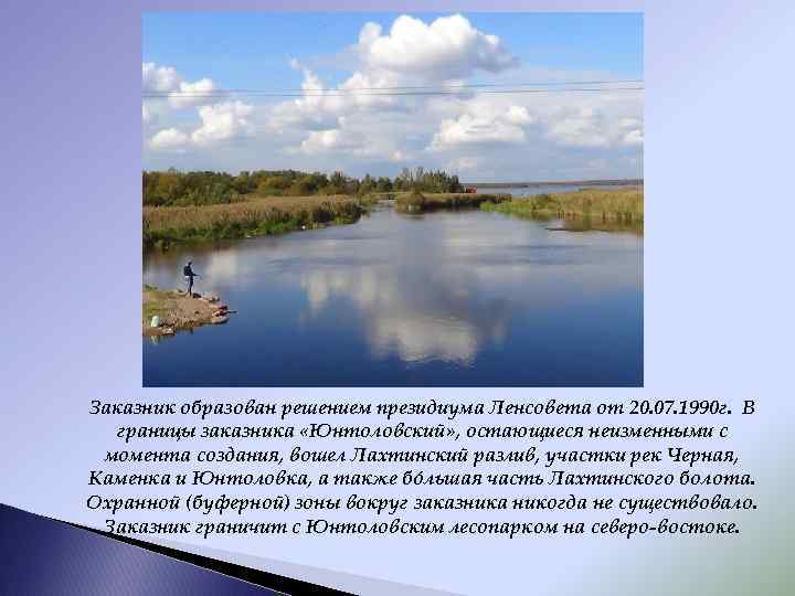 Заказник образован решением президиума Ленсовета от 20. 07. 1990 г. В границы заказника «Юнтоловский»