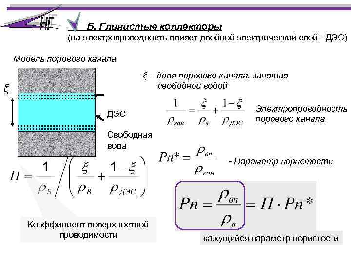 Б. Глинистые коллекторы (на электропроводность влияет двойной электрический слой - ДЭС) Модель порового канала