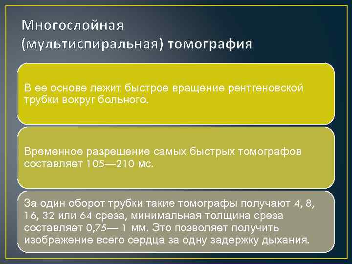 Многослойная (мультиспиральная) томография В ее основе лежит быстрое вращение рентгеновской трубки вокруг больного. Временное