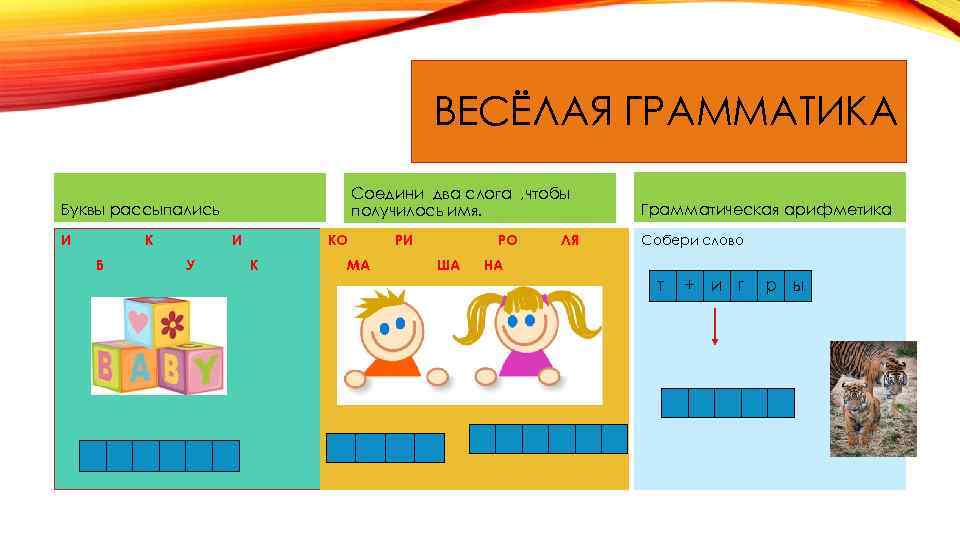 ВЕСЁЛАЯ ГРАММАТИКА Соедини два слога , чтобы получилось имя. Буквы рассыпались И К Б