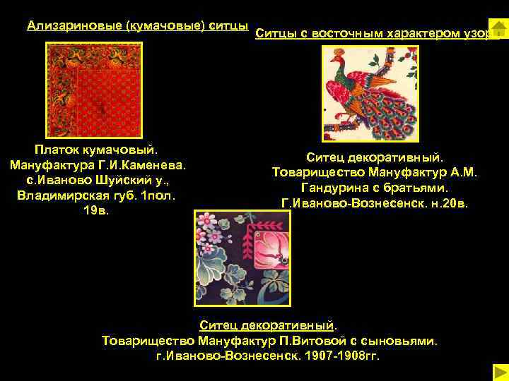 Ализариновые (кумачовые) ситцы Платок кумачовый. Мануфактура Г. И. Каменева. с. Иваново Шуйский у. ,