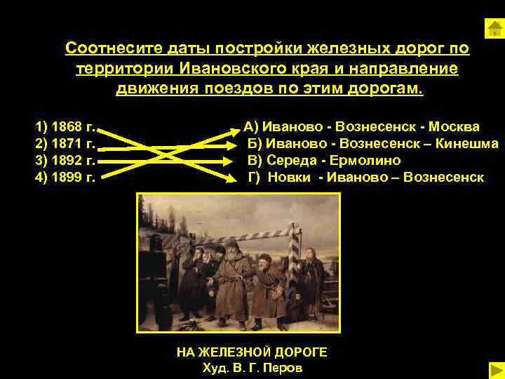 Соотнесите даты постройки железных дорог по территории Ивановского края и направление движения поездов по