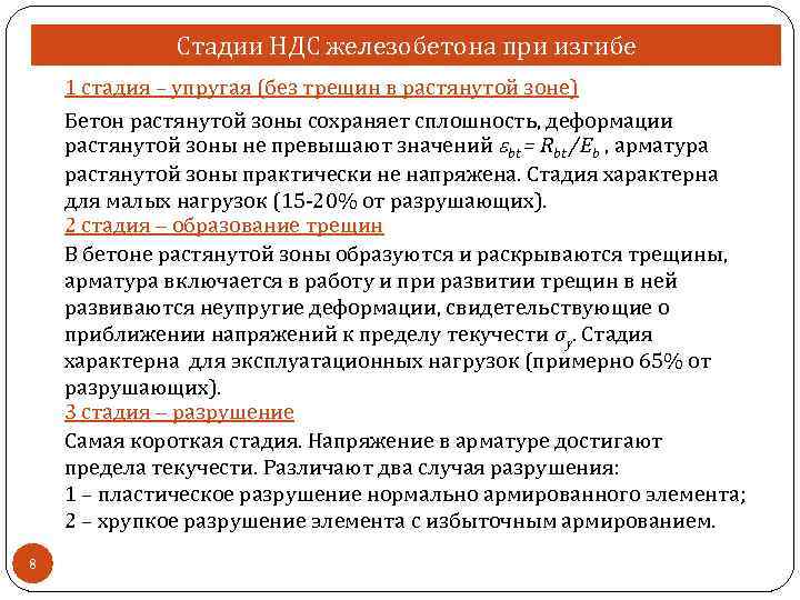 Стадии НДС железобетона при изгибе 1 стадия – упругая (без трещин в растянутой зоне)