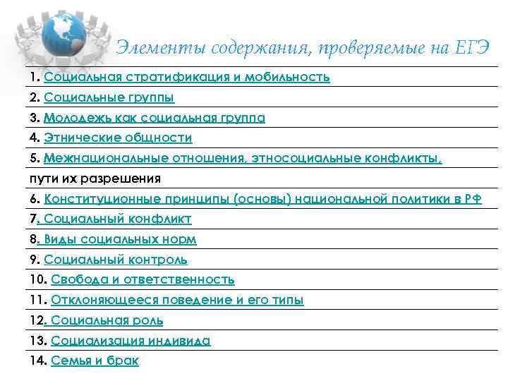 Элементы содержания, проверяемые на ЕГЭ 1. Социальная стратификация и мобильность 2. Социальные группы 3.