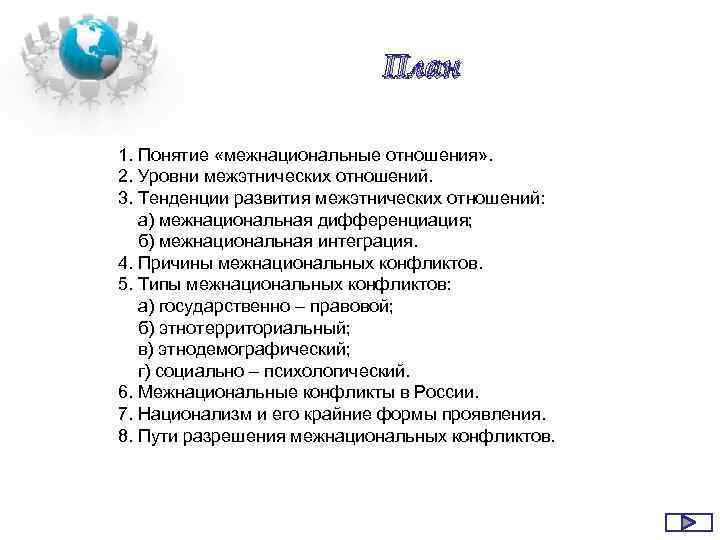 План 1. Понятие «межнациональные отношения» . 2. Уровни межэтнических отношений. 3. Тенденции развития межэтнических