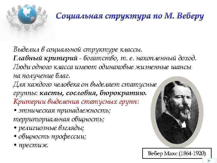 Социальная структура по М. Веберу Выделил в социальной структуре классы. Главный критерий богатство, т.