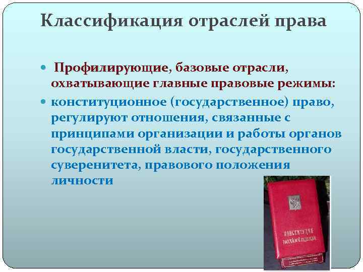 Классификация отраслей права Профилирующие, базовые отрасли, Профилирующие охватывающие главные правовые режимы: конституционное (государственное) право,