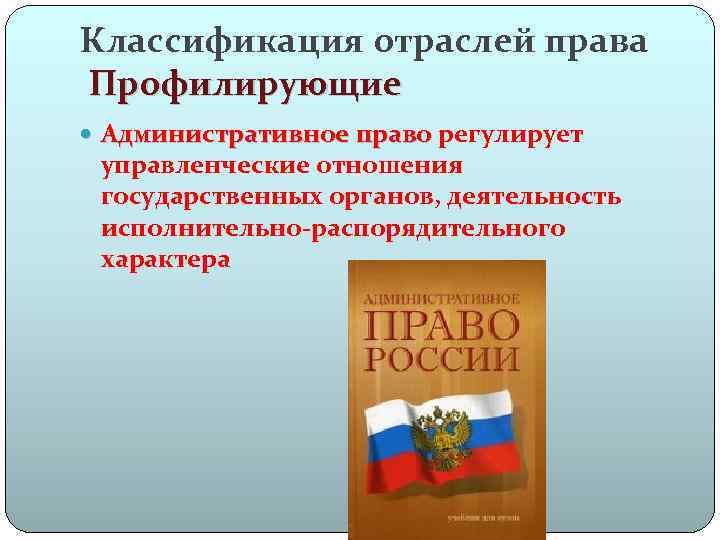 Классификация отраслей права Профилирующие Административное право регулирует управленческие отношения государственных органов, деятельность исполнительно-распорядительного характера