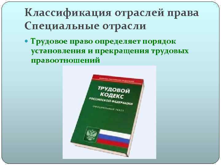 Классификация отраслей права Специальные отрасли Трудовое право определяет порядок установления и прекращения трудовых правоотношений