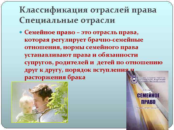 Классификация отраслей права Специальные отрасли Семейное право – это отрасль права, которая регулирует брачно-семейные