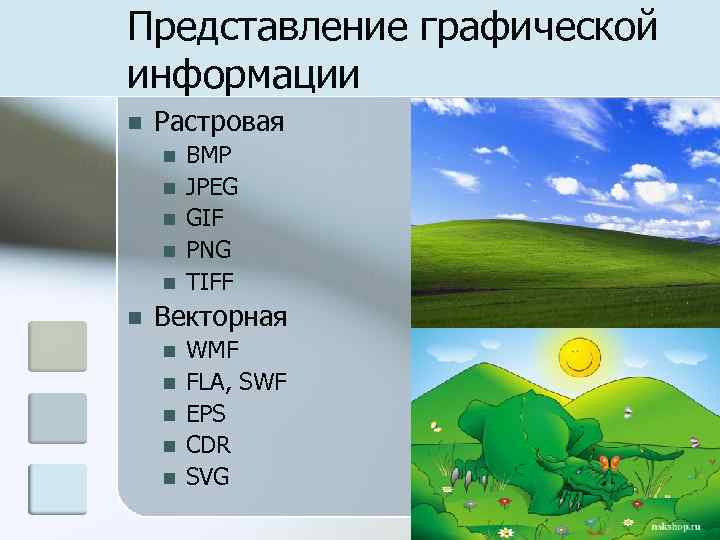 Представление графической информации n Растровая n n n BMP JPEG GIF PNG TIFF Векторная