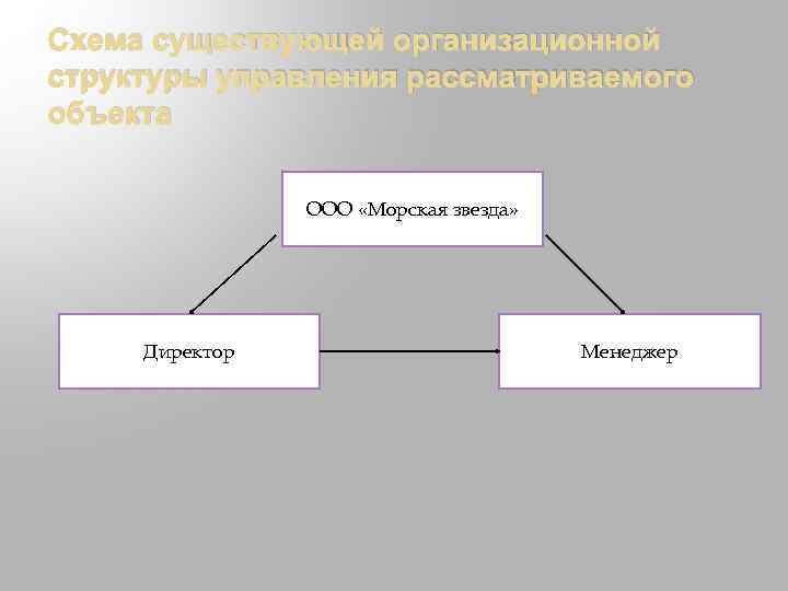 Схема существующей организационной структуры управления рассматриваемого объекта ООО «Морская звезда» Директор Менеджер 