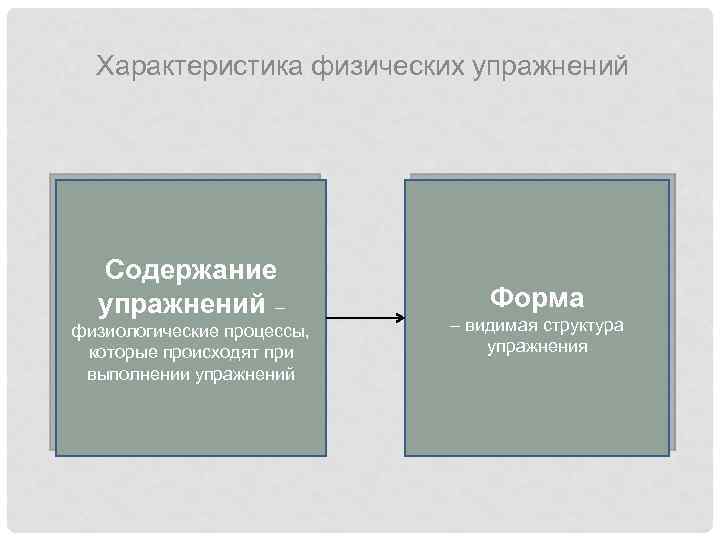 Характеристика физических упражнений Содержание упражнений – физиологические процессы, которые происходят при выполнении упражнений Форма