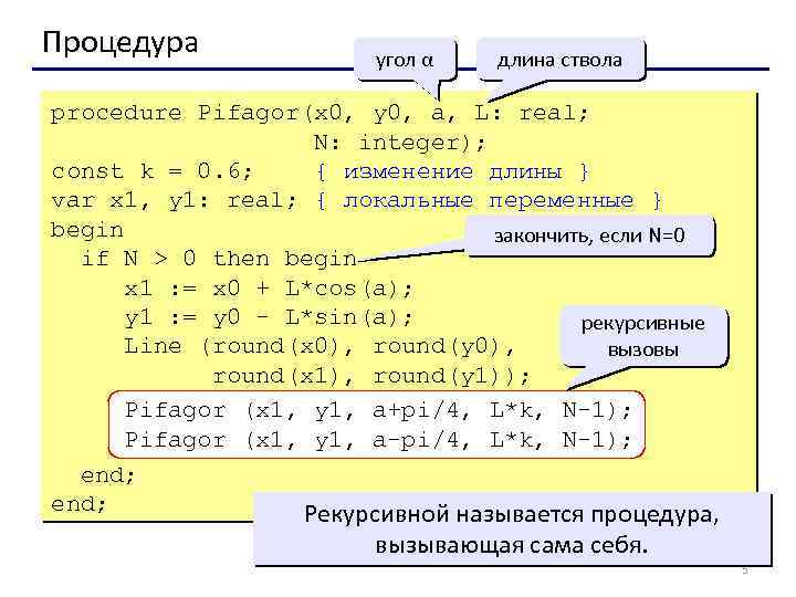 Процедура угол α длина ствола procedure Pifagor(x 0, y 0, a, L: real; N: