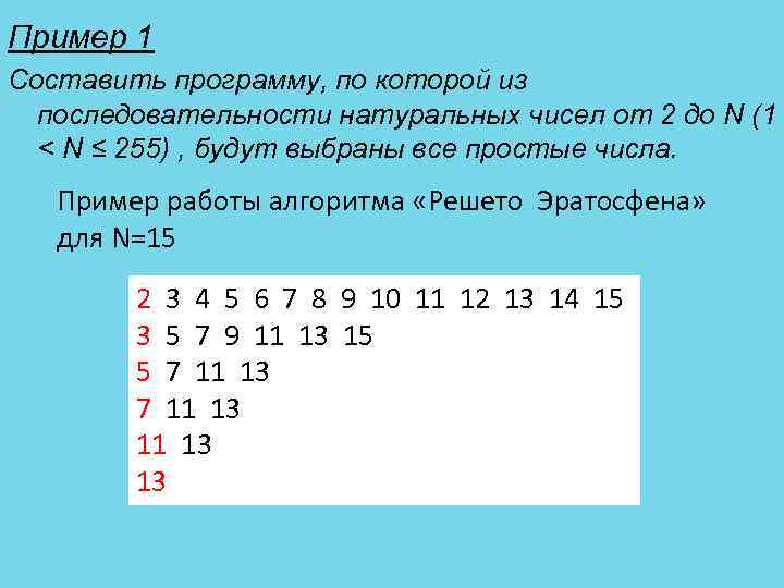 Пример 1 Составить программу, по которой из последовательности натуральных чисел от 2 до N