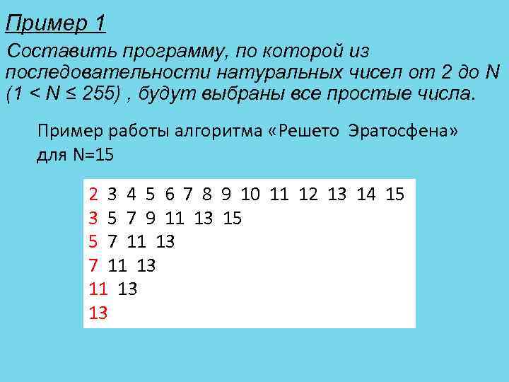 Пример 1 Составить программу, по которой из последовательности натуральных чисел от 2 до N