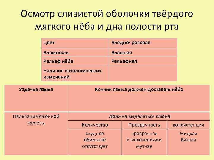 Осмотр слизистой оболочки твёрдого мягкого нёба и дна полости рта Цвет Бледно- розовая Влажность