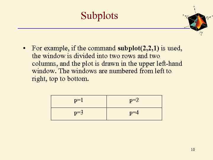 Subplots • For example, if the command subplot(2, 2, 1) is used, the window