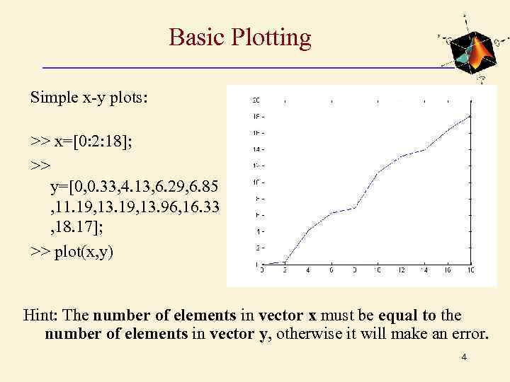 Basic Plotting Simple x-y plots: >> x=[0: 2: 18]; >> y=[0, 0. 33, 4.