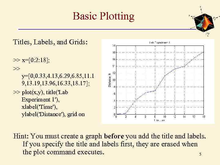 Basic Plotting Titles, Labels, and Grids: >> x=[0: 2: 18]; >> y=[0, 0. 33,