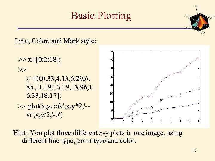 Basic Plotting Line, Color, and Mark style: >> x=[0: 2: 18]; >> y=[0, 0.