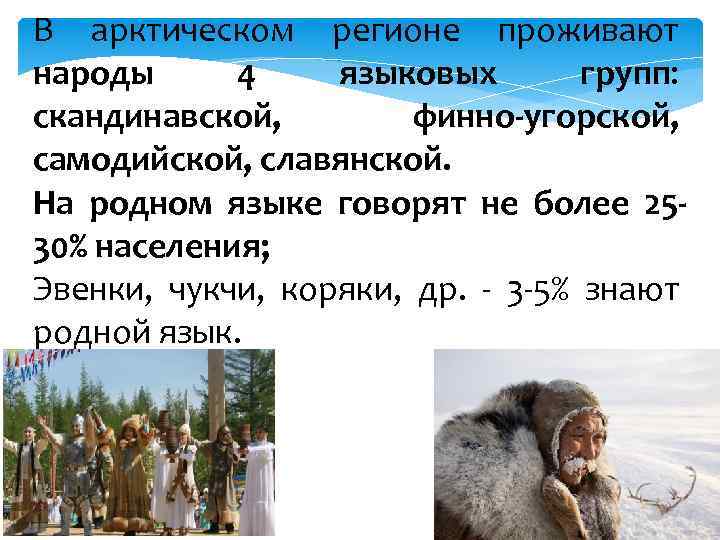 В арктическом регионе проживают народы 4 языковых групп: скандинавской, финно-угорской, самодийской, славянской. На родном