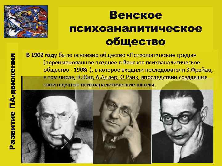 Развитие ПА-движения Венское психоаналитическое общество В 1902 году было основано общество «Психологические среды» (переименованное