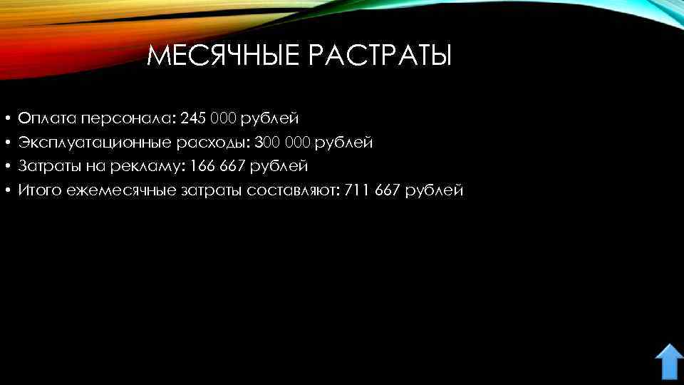 МЕСЯЧНЫЕ РАСТРАТЫ • Оплата персонала: 245 000 рублей • Эксплуатационные расходы: 300 000 рублей