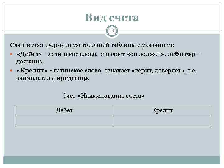 Вид счета 3 Счет имеет форму двухсторонней таблицы с указанием: «Дебет» - латинское слово,