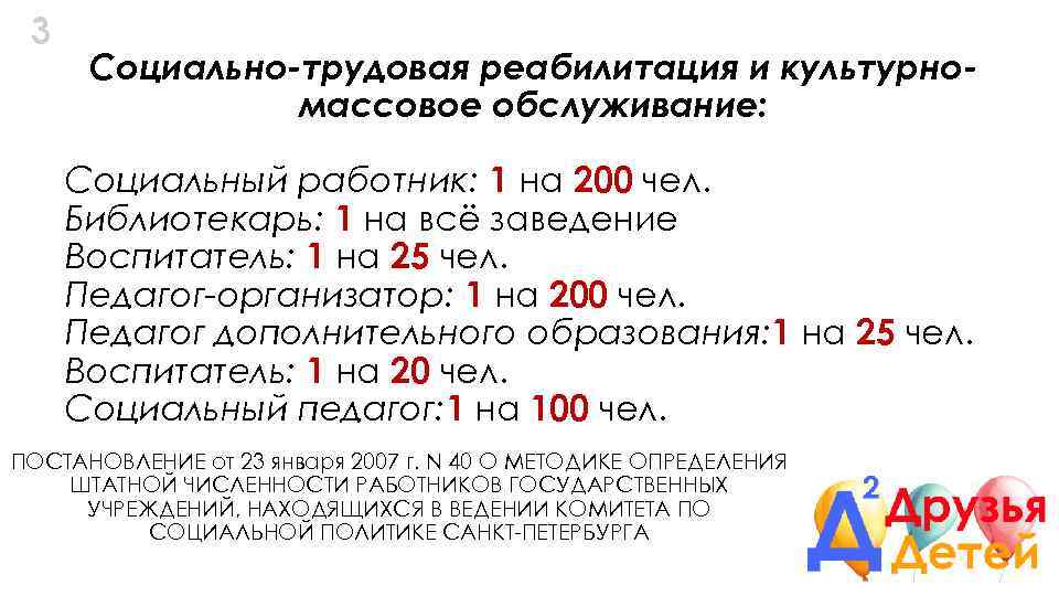 3 Социально-трудовая реабилитация и культурномассовое обслуживание: Социальный работник: 1 на 200 чел. Библиотекарь: 1