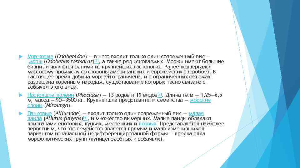  Моржовые (Odobenidae) — в него входит только один современный вид — морж (Odobenus