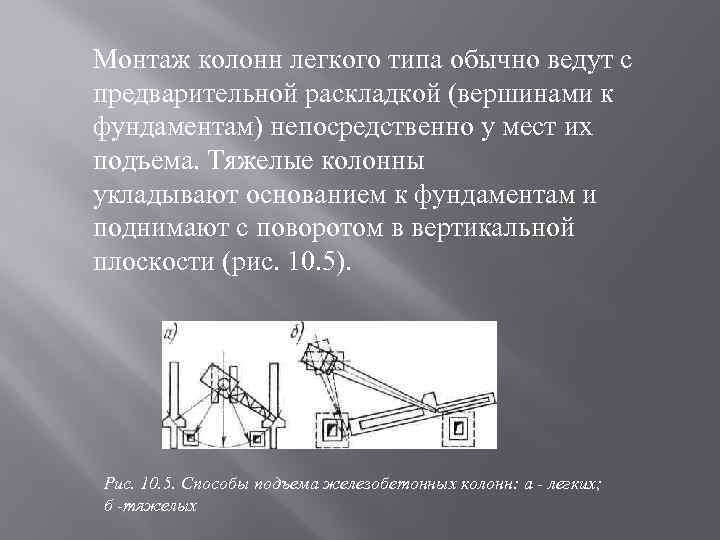 Монтаж колонн легкого типа обычно ведут с предварительной раскладкой (вершинами к фундаментам) непосредственно у