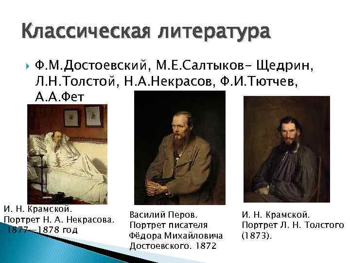 Классическая литература Ф. М. Достоевский, М. Е. Салтыков- Щедрин, Л. Н. Толстой, Н. А.