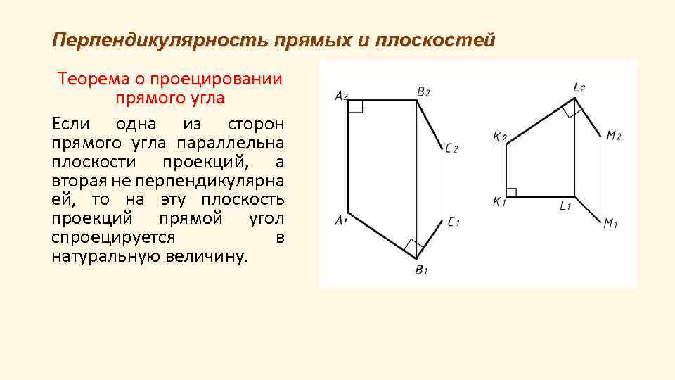 Перпендикулярность прямых и плоскостей Теорема о проецировании прямого угла Если одна из сторон прямого