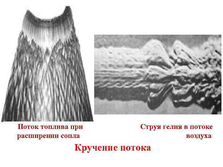  Поток топлива при расширении сопла Струя гелия в потоке воздуха Кручение потока 